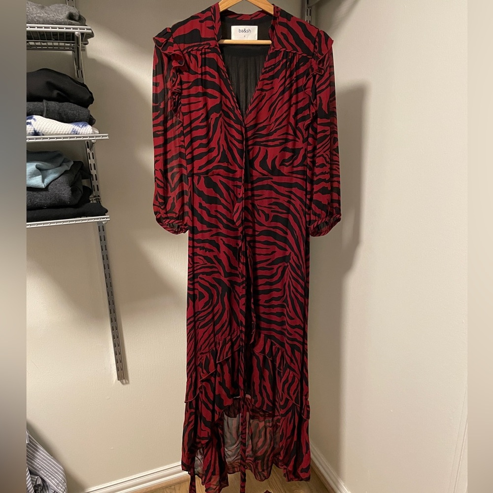 BA&SH red zebra print ruffled wrap dress